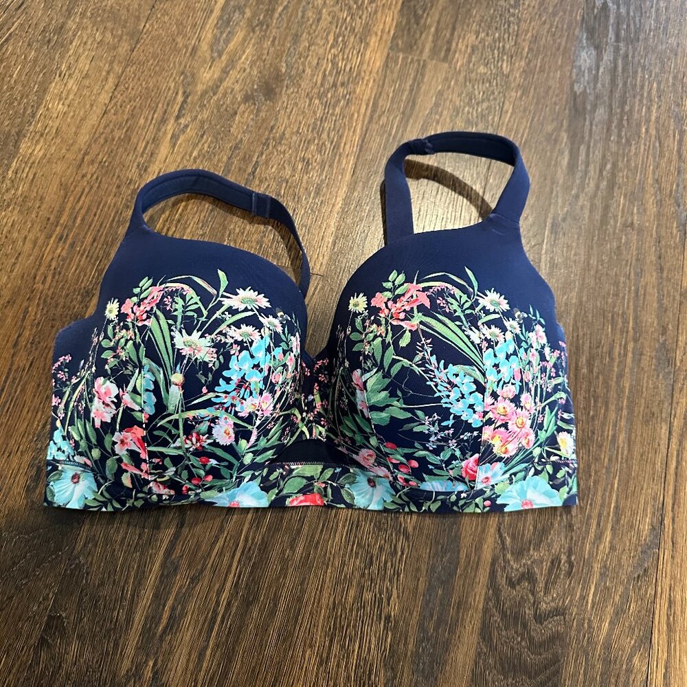 Cacique Lightly Lined Balconette Bra, navy floral, size 38G